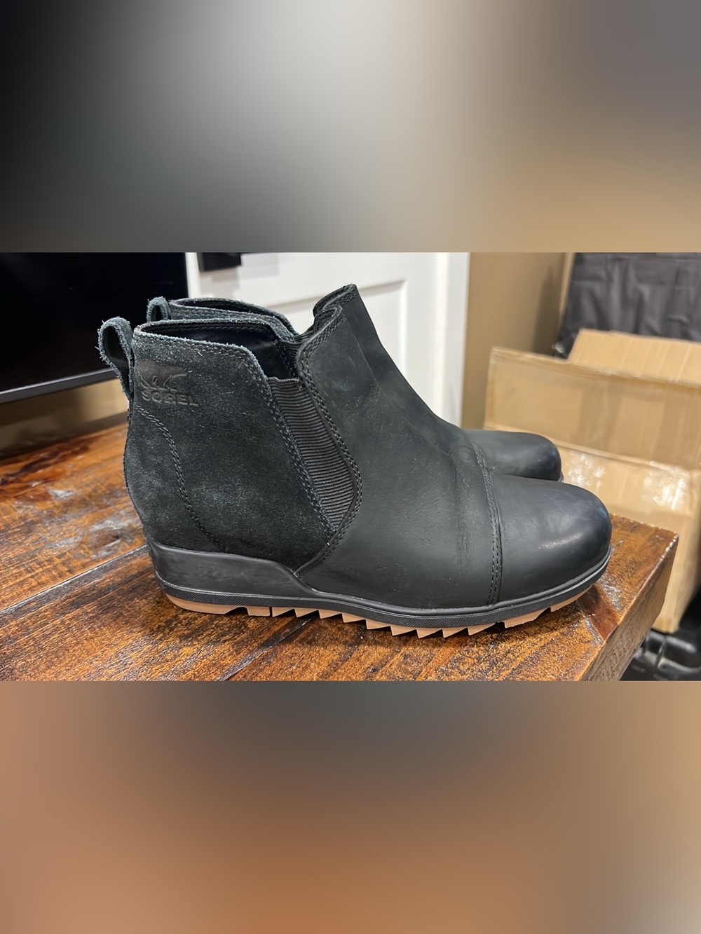 Sorel Black Wedge Chelsea Ankle Boots with Serrated Sole
